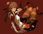  arm_support axis_powers_hetalia bad_id bad_pixiv_id bandaged_arm bandages bat_wings black_hairband blood brown_hair dark_skin demon_tail food_themed_hair_ornament hair_ornament hairband halloween jack-o'-lantern karako_(red-tea) knees_together_feet_apart long_hair orange_eyes pantyhose pumpkin pumpkin_hair_ornament red_background seychelles_(hetalia) silk simple_background sitting solo spider_web striped striped_legwear tail twintails wings 