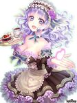  :d apron breasts cake cleavage cup detached_sleeves food frontier_town hairband heart large_breasts lavender_eyes lavender_hair lolita_hairband maid_apron open_mouth psychic_hearts smile solo teacup tray 