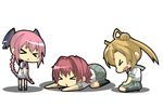  &gt;_&lt; abukuma_(kantai_collection) blonde_hair chibi closed_eyes double_bun dress headgear kantai_collection kinu_(kantai_collection) long_hair matsudora124 multiple_girls nenohi_(kantai_collection) open_mouth pink_hair ponytail sailor_dress school_uniform serafuku short_hair very_long_hair wavy_mouth 