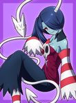  bare_shoulders blue_skin breasts cleavage detached_collar detached_sleeves hair_over_one_eye ki_(kk-sk-ray) leviathan_(skullgirls) medium_breasts red_eyes side_ponytail skull skullgirls solo squigly_(skullgirls) stitched_mouth stitches striped striped_legwear striped_sleeves zombie 