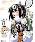  2girls :d backpack bag bibi black_eyes black_hair brown_hair comic hair_ornament highres kantai_collection kumano_(kantai_collection) long_hair multiple_girls open_mouth partially_translated ponytail remodel_(kantai_collection) scarf school_uniform sendai_(kantai_collection) serafuku smile translated translation_request twitter_username two_side_up 