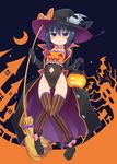  bare_shoulders black_gloves black_hair blue_eyes boots bow breasts broom cape chloe_withers collarbone colored_stripes covered_nipples crescent_moon elbow_gloves gloves halloween hat highleg highleg_leotard highres homura_subaru jack-o'-lantern jack-o'-lantern_print leotard long_hair moon navel navel_cutout original pigeon-toed small_breasts solo star_(sky) striped striped_legwear thighhighs vertical-striped_legwear vertical_stripes witch_hat 