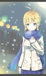  :o ahoge artoria_pendragon_(all) blonde_hair blue_eyes blue_scarf blurry blush breath city coat depth_of_field fate/stay_night fate_(series) highres letterboxed long_sleeves saber scarf short_hair skirt snowing solo yomi_(yomi14_pyaon) 