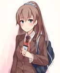  2014 apple_inc. bag blue_eyes blush brown_hair cellphone dated highres hiiragi_hajime iphone kantai_collection kumano_(kantai_collection) long_hair looking_at_viewer md5_mismatch phone ponytail sketch smartphone smile solo twitter_username 