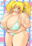  1girl belly blonde_hair blush breasts brown_eyes cleavage erect_nipples fat headphones huge_breasts navel nitroplus open_mouth shiny shiny_skin solo super_pochaco swimsuit thick_thighs thighs tomoyamaru twintails wide_hips yellow_eyes 