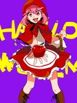  1girl apple apron basket boots chappa_(kaetodo) dress food fruit halloween hood jakuzure_nonon kill_la_kill little_red_riding_hood_(cosplay) open_mouth pink_eyes pink_hair short_hair solo 