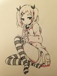  absurdres hair_ribbon highres mole mole_under_eye monochrome ribbon shiiba_aki shirobako shirt short_twintails shorts sleeves_past_wrists smile solo striped striped_legwear thighhighs twintails unbuttoned yano_erika 