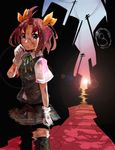  blood blouse brown_hair city dirty dirty_clothes gloves hair_ornament hair_ribbon hopscotch itomugi-kun kagerou_(kantai_collection) kantai_collection power_lines ribbon ripples school_uniform short_hair short_sleeves skirt solo sunset twintails vest 