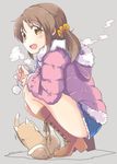  blush boots breath cat cross-laced_footwear dated fur_trim grey_background hood hooded_jacket idolmaster idolmaster_cinderella_girls jacket long_hair low_twintails open_mouth parka pom_pom_(clothes) short_shorts shorts solo squatting totoki_airi twintails ueshita yellow_eyes 