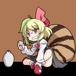  aratami_isse blonde_hair cosplay cup disguise futatsuiwa_mamizou glasses grin hair_ribbon leaf leaf_on_head raccoon_tail red_eyes ribbon rumia rumia_(cosplay) shirt short_hair sitting skirt smile tail touhou vest 