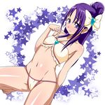  bikini bikini_bottom bikini_top blush cosplay cure_egret cure_egret_(cosplay) embarrassed eyelashes futari_wa_precure_splash_star hair_bun hair_ornament hair_ribbon half_updo jabara_tornado long_hair looking_at_viewer mishou_mai precure purple_eyes purple_hair ribbon solo swimsuit 