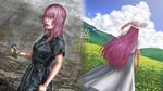  bad_id bad_pixiv_id blue_eyes blue_sky clenched_hand cloud day dress flower hand_on_head hat lightning long_hair maru0911 megurine_luka mountain pink_hair rain raincoat sky very_long_hair vocaloid wet wet_hair white_dress white_hat 