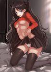  black_hair black_legwear blue_eyes breasts fate/stay_night fate_(series) hair_ribbon highres medium_breasts panties ribbon shirt_lift skirt skirt_lift solo thighhighs toosaka_rin two_side_up underboob underwear wenhe 