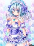  apron artist_request blue_eyes blue_hair breasts cleavage collarbone dress hair_ribbon halterneck jewelry large_breasts maid_apron necklace psychic_hearts ribbon sleeveless sleeveless_dress solo 
