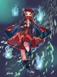  blouse boots bow cape covered_mouth dated full_body hair_bow hidden_mouth high_collar highres hitodama leaf long_sleeves looking_at_viewer namauni open_clothes open_shirt red_eyes red_hair sekibanki shirt short_hair skirt solo toeless_boots touhou tunic 