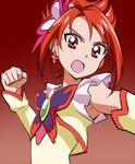  cure_rouge earrings haiteku jewelry looking_at_viewer magical_girl natsuki_rin open_mouth precure red_background red_eyes red_hair short_hair solo yes!_precure_5 