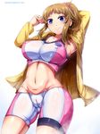  :3 animal_print arm_behind_head armpits arms_up bangs bike_shorts blue_eyes breasts brown_hair cameltoe cat_print cleavage copyright_name covered_nipples cowboy_shot gradient gradient_background groin gundam gundam_build_fighters gundam_build_fighters_try hands_together high_ponytail highres hoshino_fumina impossible_clothes jacket large_breasts light_smile long_hair long_sleeves looking_at_viewer lowleg midriff navel open_clothes open_jacket ponytail scrunchie shiny shiny_clothes shorts sidelocks skin_tight skindentation smile solo sports_bra standing umakatsuhai white_background wide_hips yellow_jacket 