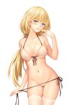  bikini blonde_hair blue_eyes blush breasts cleavage collarbone cowboy_shot finger_to_mouth front-tie_top groin highres large_breasts long_hair navel original panties panty_pull saliva saliva_trail side-tie_bikini skindentation solo standing swimsuit thigh_gap thighhighs tidsean tongue tongue_out underwear white_background white_bikini white_legwear 