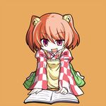  :d aratami_isse bell book character_name checkered hair_bell hair_ornament looking_at_viewer motoori_kosuzu open_mouth orange_hair red_eyes short_hair sitting smile touhou two_side_up wariza 