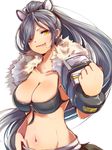  ;p animal_ears breasts cleavage earrings fake_animal_ears jewelry large_breasts mataichi_mataro mole navel ole_tower one_eye_closed pickup_truck_(ole_tower) simple_background solo tongue tongue_out yellow_eyes 