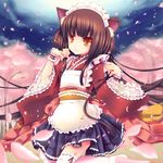  animal_ears apron ayakashi_hyakkiyakou bangs blunt_bangs brown_eyes brown_hair cat_ears cherry_blossoms cowboy_shot frilled_apron frills ichiru_(yuzu-an) japanese_clothes kimono kimono_skirt lolita_fashion long_hair looking_at_viewer maid_headdress original outdoors petals pleated_skirt sash skirt sky smile solo thighhighs very_long_hair wa_lolita 