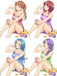  aqua_hair breasts brown_eyes brown_hair camisole cleavage collarbone finger_licking forehead highres hisho_collection jam jar komase_(jkp423) large_breasts licking long_hair multiple_girls purple_hair scrunchie short_shorts shorts simple_background sitting tasting twintails white_background 