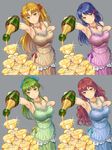  blue_dress blue_hair bottle breasts brown_dress brown_eyes brown_hair cleavage dress earrings flower gem goblet green_dress green_hair hair_flower hair_ornament hair_ribbon hand_on_own_chest highres hisho_collection jewelry komase_(jkp423) large_breasts multiple_girls necklace overflowing pink_dress ponytail pouring ribbon simple_background sparkle two_side_up wavy_hair wine_bottle 