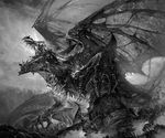  claws dragon dragon_wings epic fantasy fire greyscale highres monochrome nguy_thuy_ngan no_humans open_mouth scales sharp_teeth solo teeth wings 