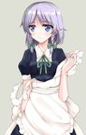  apron bad_id bad_pixiv_id blue_dress blue_eyes braid dress highres izayoi_sakuya no_headwear puffy_short_sleeves puffy_sleeves short_sleeves silver_hair solo touhou twin_braids undressing wendell 