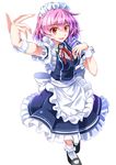  alternate_costume apron blue_dress breasts cosplay dress e.o. enmaided highres izayoi_sakuya izayoi_sakuya_(cosplay) large_breasts maid maid_headdress open_mouth outstretched_arm pink_eyes pink_hair puffy_short_sleeves puffy_sleeves saigyouji_yuyuko shirt short_sleeves smile solo touhou waist_apron wrist_cuffs 