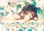  bare_arms bare_shoulders brown_hair earrings face field flower flower_field gem green_eyes head_tilt jewelry kyachi long_hair looking_at_viewer lying on_stomach original outdoors ring smile solo upper_body wavy_hair 