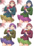 :o blazer blue_hair blush bow braid brown_hair cherry_blossoms diploma hair_ornament hairclip highres hisho_collection jacket komase_(jkp423) multiple_girls open_mouth petals plaid plaid_bow pleated_skirt ponytail purple_hair skirt tears wind wind_lift wiping_tears 