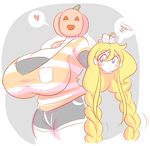  1girl blonde_hair blue_eyes braid breasts cassie_(theycallhimcake) dullahan erect_nipples female gigantic_breasts halloween highres long_hair original plump pumpkin shirt shorts simple_background solo standing theycallhimcake twin_braids very_long_hair 