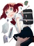  backpack bag between_legs blush brown_eyes brown_hair character_request crying crying_with_eyes_open dansan_joshi mizu_asato official_art paper short_hair short_twintails solo spilling tears twintails 