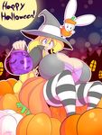  1girl blonde_hair blue_eyes breasts bunny cassie_(theycallhimcake) choker cleavage female gigantic_breasts halloween hat highres long_hair open_mouth original pumpkin shirt sitting skirt solo striped striped_legwear striped_thighhighs theycallhimcake thighhighs very_long_hair witch_hat 