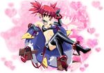  1girl anklet arm_up bare_shoulders bat_wings black_gloves black_skirt boots bracelet breasts demon_girl demon_tail disgaea earrings elbow_gloves etna gloves high_heel_boots high_heels igorman jewelry legs_crossed midriff miniskirt navel pointy_ears prinny red_hair shiny shiny_clothes short_skirt sitting skirt solo strapless tail thigh_boots twintails wings 