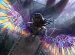  2012 artificial_wings brown_hair castle city_below cityscape from_above gift_of_orzhova johannes_voss long_hair magic:_the_gathering male_focus multicolored multicolored_wings official_art signature solo sword weapon wings 