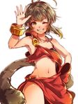  bare_shoulders breasts brown_eyes brown_hair crown detached_sleeves mataichi_mataro monkey_tail monkey_wrench_(ole_tower) navel ole_tower one_eye_closed short_hair simple_background small_breasts smile solo tail 