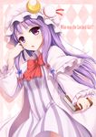 argyle argyle_background blush book bow bowtie crescent dress english hair_bow hat highres holding holding_book long_hair mob_cap open_mouth patchouli_knowledge purple_eyes purple_hair solo striped striped_dress tokugawa_landine touhou 
