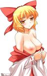  bare_shoulders blonde_hair blush bow breasts hair_bow highres japanese_clothes large_breasts looking_at_viewer mono_(moiky) nipples off_shoulder ribbon-trimmed_sleeves ribbon_trim satsuki_rin short_hair simple_background solo touhou white_background yellow_eyes 