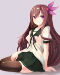  bad_id bad_pixiv_id brown_hair brown_legwear fumatake hair_ornament kantai_collection kisaragi_(kantai_collection) long_hair looking_at_viewer navel purple_eyes school_uniform see-through serafuku shirt simple_background sitting smile solo thighhighs very_long_hair wet wet_clothes wet_shirt zettai_ryouiki 