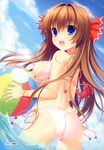  absurdres ass back ball beachball bikini blue_eyes breasts brown_hair cloud cowboy_shot crab d: day from_behind highres long_hair looking_at_viewer looking_back magical_dears medium_breasts narumi_yuu_(bunbukudou) nipples open_mouth pink_bikini side-tie_bikini sky swimsuit uino_maho untied untied_bikini wading wardrobe_malfunction 