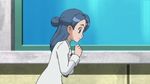  1girl animated animated_gif blue_eyes blue_hair blush eclair_(pokemon) lab_coat labcoat lowres pokemon pokemon_(anime) pokemon_(game) pokemon_xy solo 