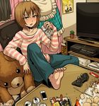  alcohol androgynous artist_name asahi_breweries barefoot beer blue_eyes blush brown_hair cactus commentary condom controller feet food game_console game_controller gamepad kagamine_len kagamine_rin makumushi male_focus messy_room open_mouth original otoko_no_ko playstation_3 shirt solo striped striped_shirt stuffed_animal stuffed_toy suparu_(detteiu) teddy_bear television vocaloid wii wii_remote xbox_360 