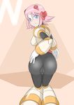  1girl arashi_sora artist_request ass blue_eyes blush bodysuit boots breasts cameltoe capcom from_behind gloves hand_on_ass headset large_breasts looking_at_viewer multicolored_hair nana_(rockman) pink_hair rockman rockman_x short_hair sideboob smile solo two-tone_hair white_hair 