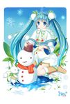  2015 aqua_hair bad_id bad_pixiv_id blue_eyes blush boots bucket bunny character_name flower green_scarf hatsune_miku headset highres knee_boots long_hair looking_at_viewer orange_scarf scarf sitting smile snow snowdrop_(flower) snowflakes snowman twintails umitonakai very_long_hair vocaloid wariza yuki_miku yukine_(vocaloid) 