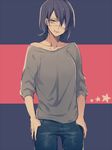  bangs casual collarbone denim eyepatch grey_shirt hair_over_one_eye jeans kantai_collection looking_at_viewer off_shoulder pants purple_hair shirt short_hair solo star tenryuu_(kantai_collection) thumbs_in_pockets yellow_eyes yue_teitoku 