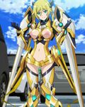  1girl blonde_hair edited female gloves green_eyes long_hair mecha_musume navel navel_cutout nipples nude_filter ore_twintail_ni_narimasu photoshop shindou_erina smile solo tail_yellow tailyellow twintails uncensored very_long_hair 