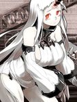  breasts detached_sleeves dress horn kantai_collection large_breasts long_hair oso_(toolate) pale_skin red_eyes ribbed_dress seaport_hime shinkaisei-kan short_dress solo white_hair 