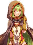  breasts brown_eyes cape cleavage gas_welder_(ole_tower) gloves goggles goggles_around_neck green_hair hood long_hair mataichi_mataro ole_tower small_breasts smile solo 